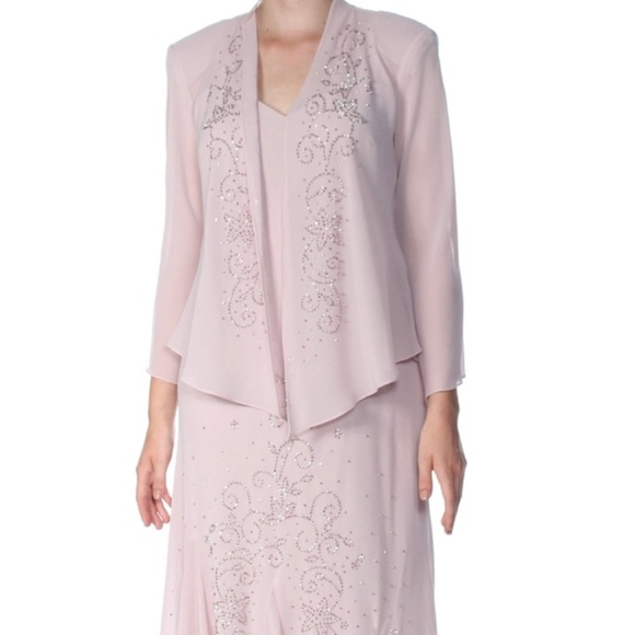 Women's Formal Dress Size 14 Blush Pink Chiffon Beaded 2pc Jacket R&M Richards - Picture 4 of 6